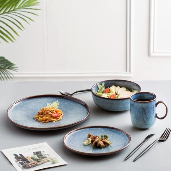 8.25" CERAMIC DESSERT/ SALAD PLATES - Set of 4 (Blue w/ Brown Rim) - Picture 7 of 9